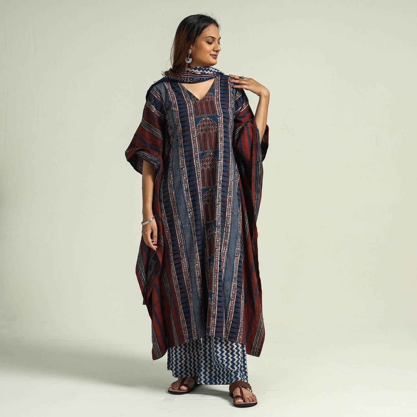  Ajrakh Kaftan with Palazzo & Dupatta Set
