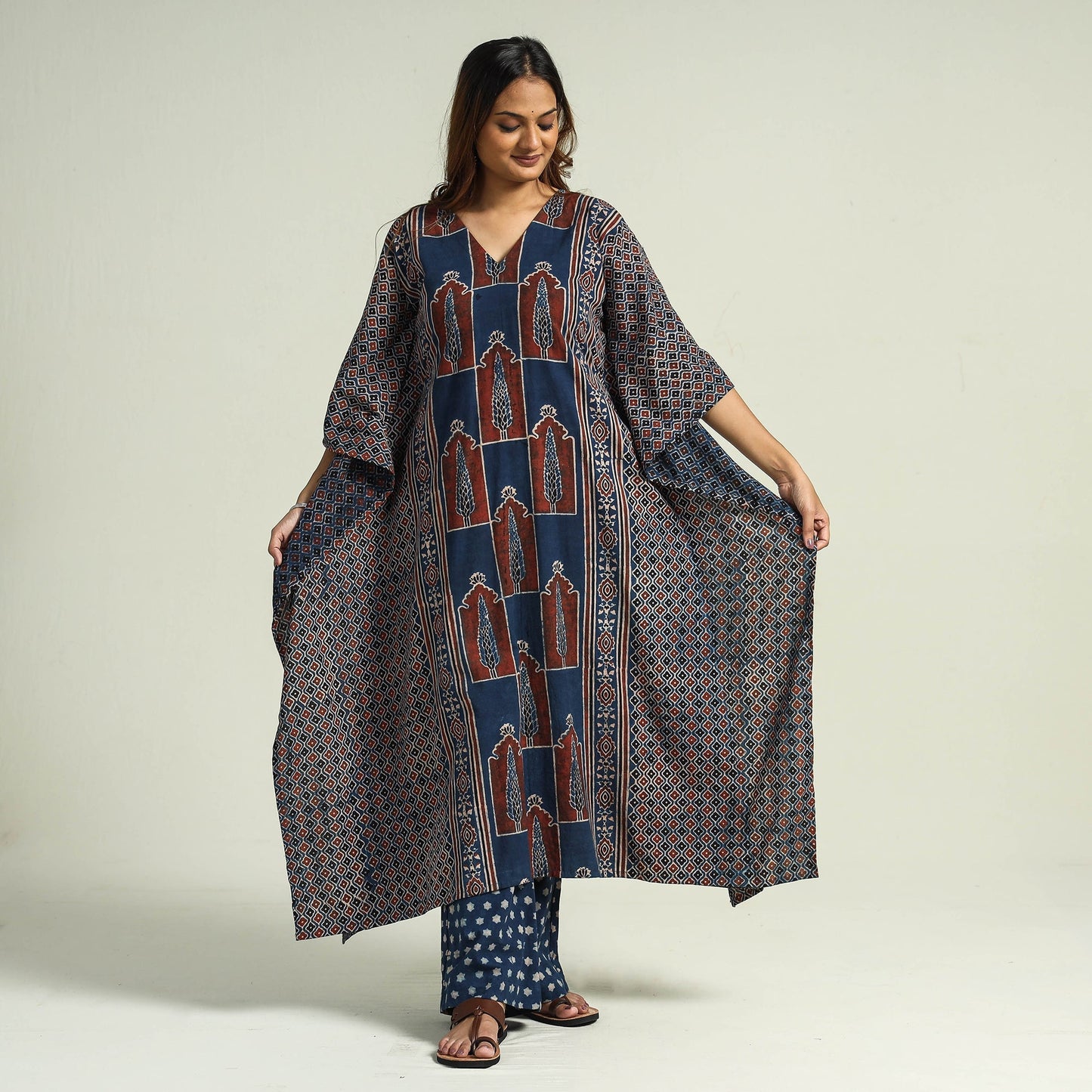 Ajrakh Kaftan with Palazzo & Dupatta Set
