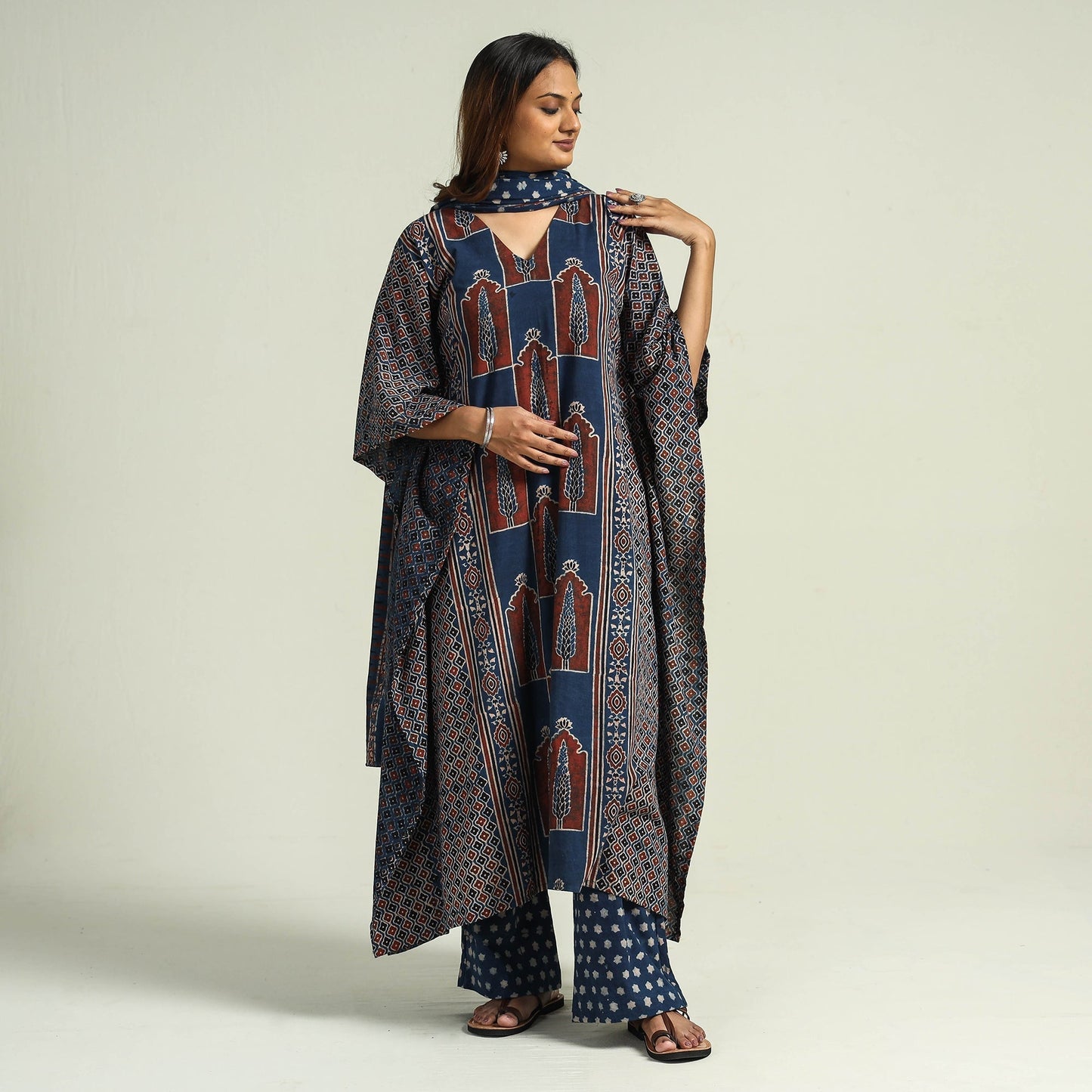 Ajrakh Kaftan with Palazzo & Dupatta Set
