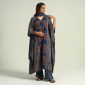 Ajrakh Kaftan with Palazzo & Dupatta Set
