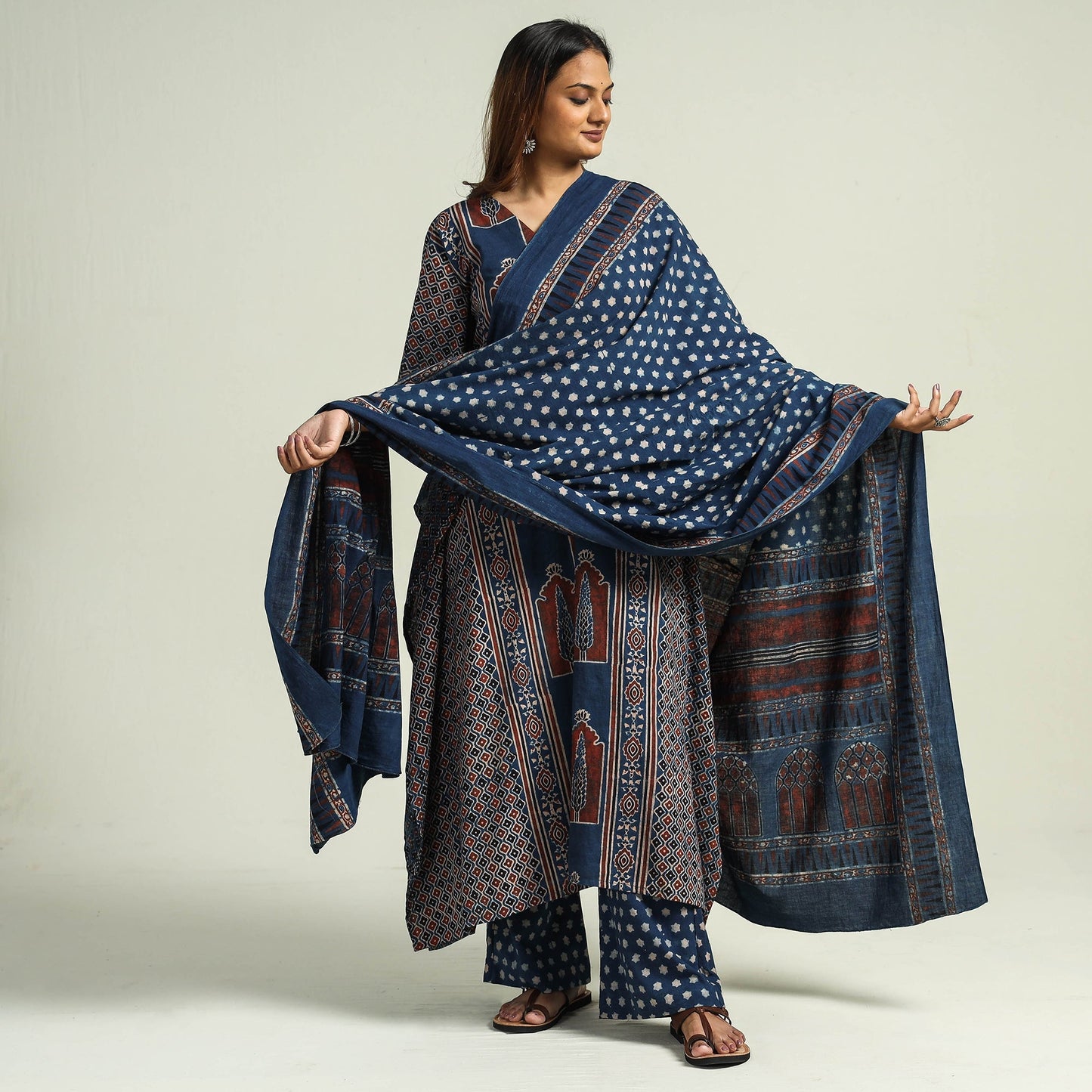 Ajrakh Kaftan with Palazzo & Dupatta Set
