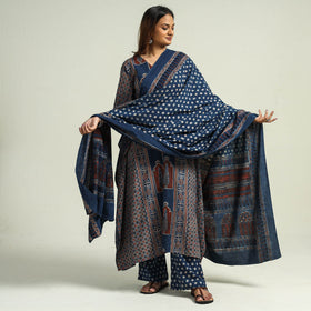 Ajrakh Kaftan with Palazzo & Dupatta Set
