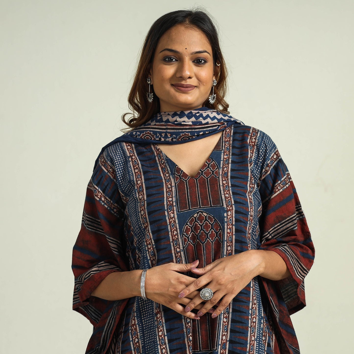  Ajrakh Kaftan with Palazzo & Dupatta Set
