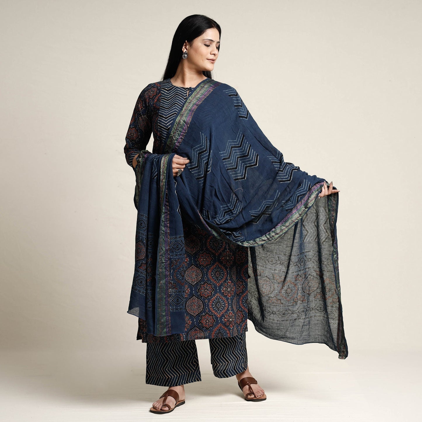 Buy Ajrakh Block Printed Cotton Kurta with Palazzo & Dupatta Set Online at iTokri.com
