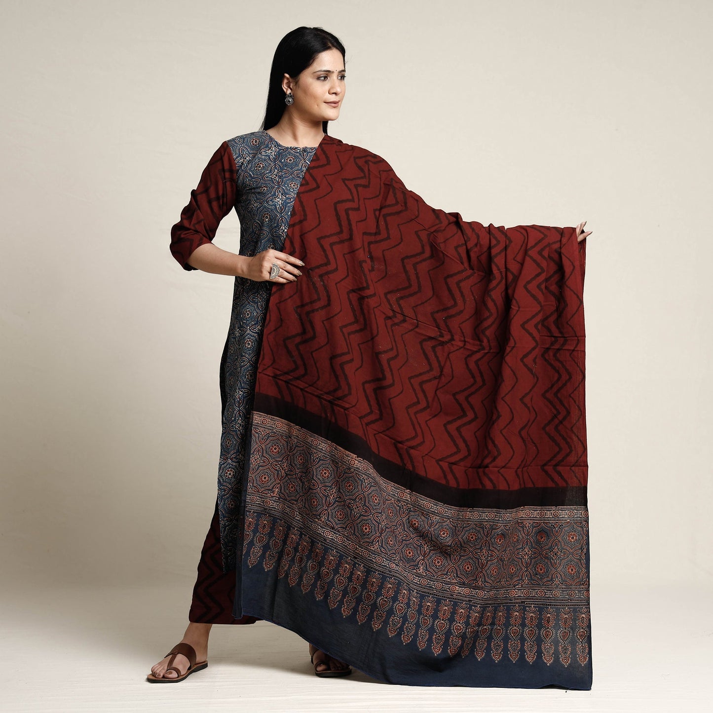 Buy Ajrakh Block Printed Cotton Kurta with Palazzo & Dupatta Set Online at iTokri.com