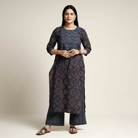 Buy Ajrakh Block Printed Cotton Kurta with Palazzo & Dupatta Set Online at iTokri.com