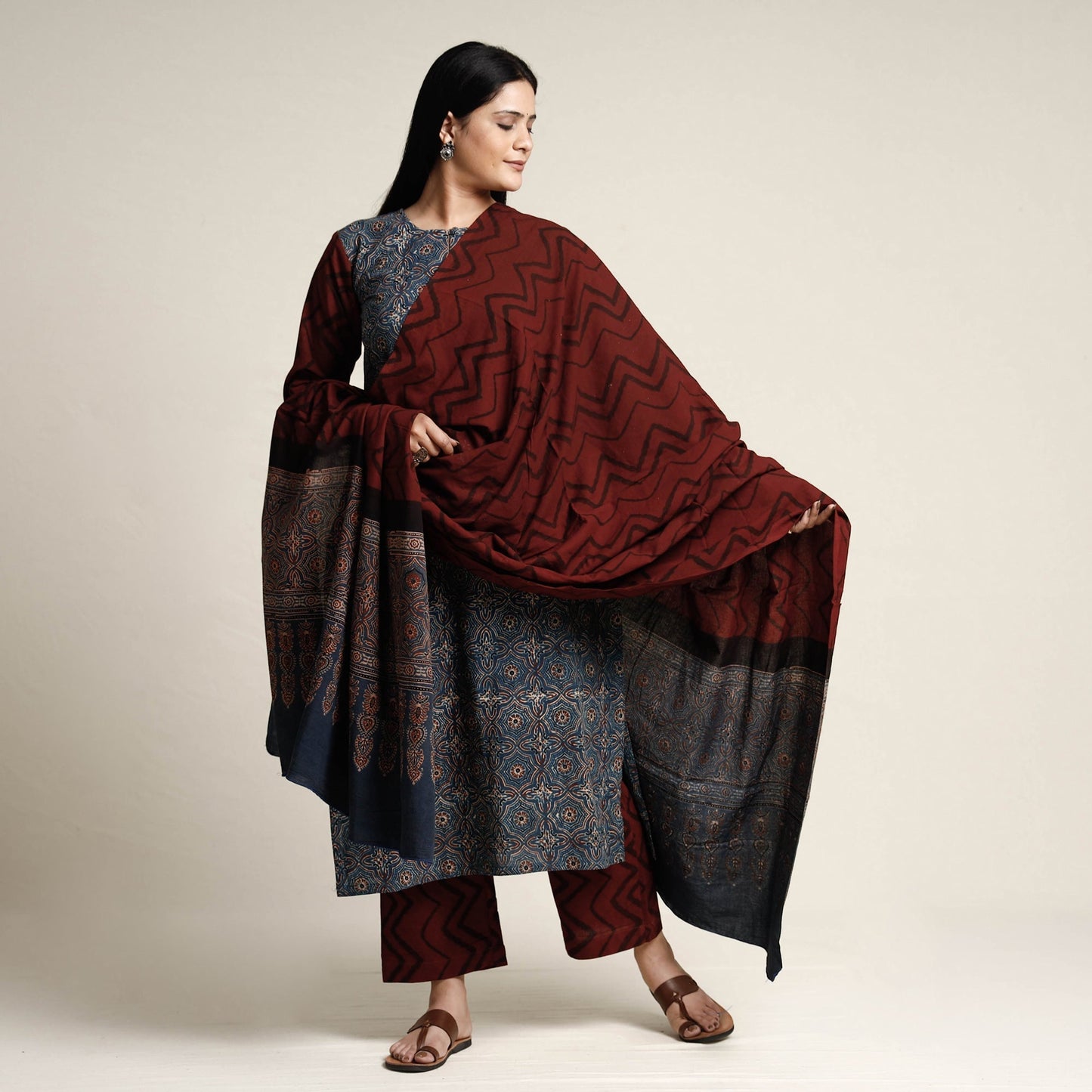 Buy Ajrakh Block Printed Cotton Kurta with Palazzo & Dupatta Set Online at iTokri.com