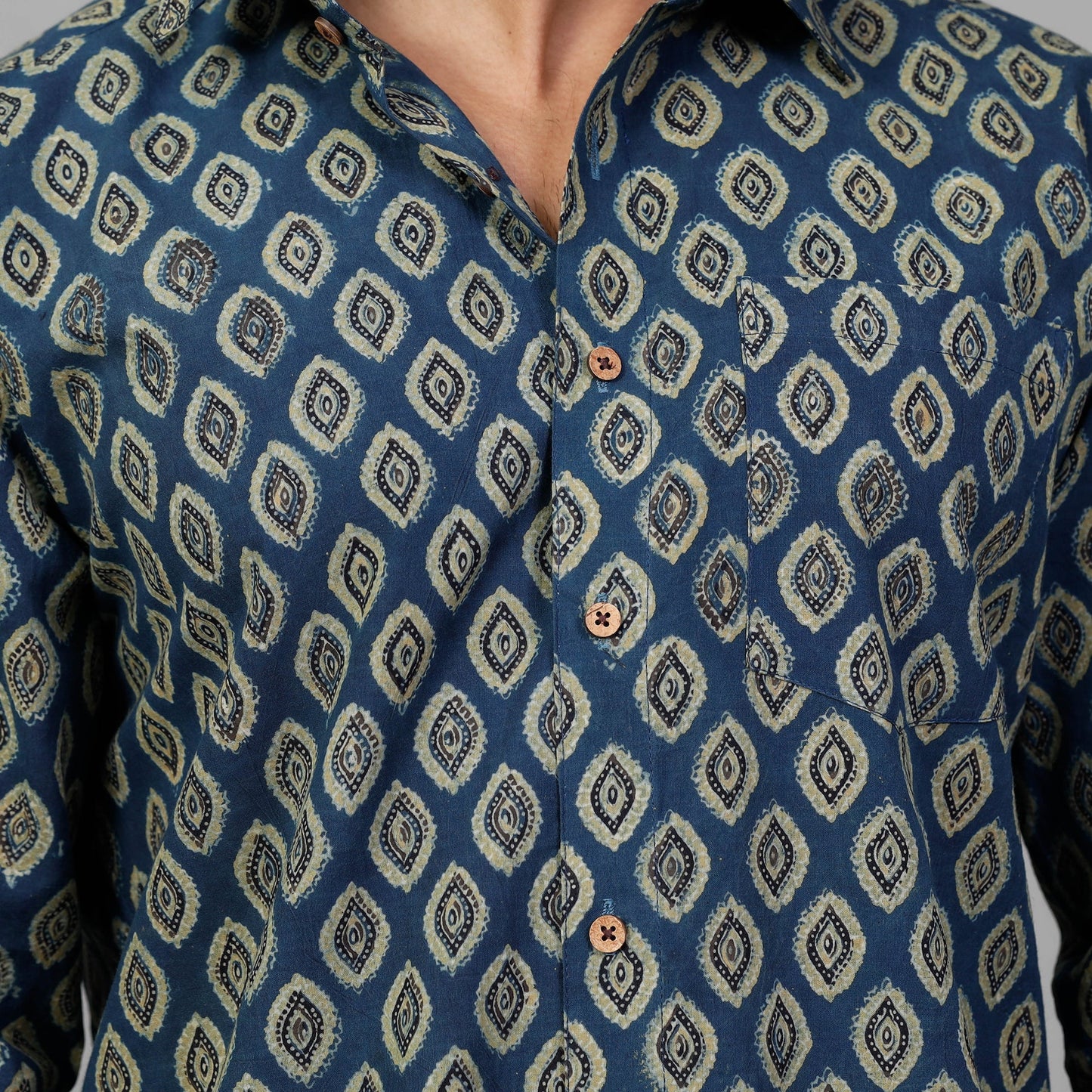 Buy Ajrakh Block Printed Cotton Men Full Sleeve Shirt Online at iTokri.com