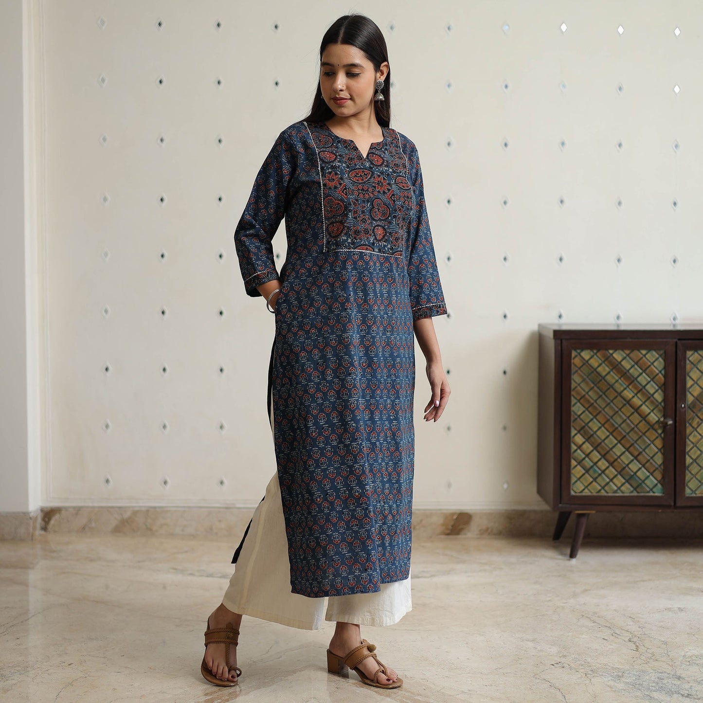 Buy Ajrakh Block Printed Cotton Long Kurta for Women