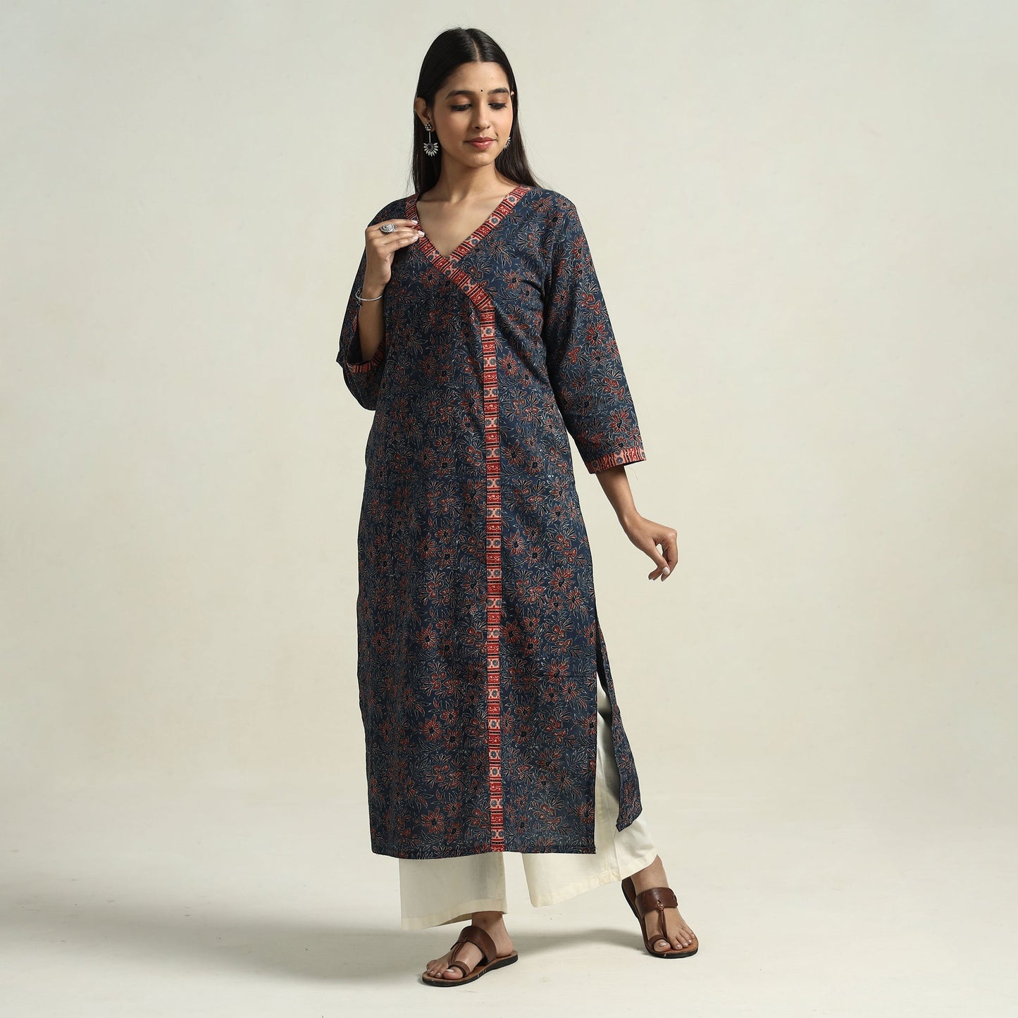 Blue - Ajrakh Block Printed Cotton Straight Kurta