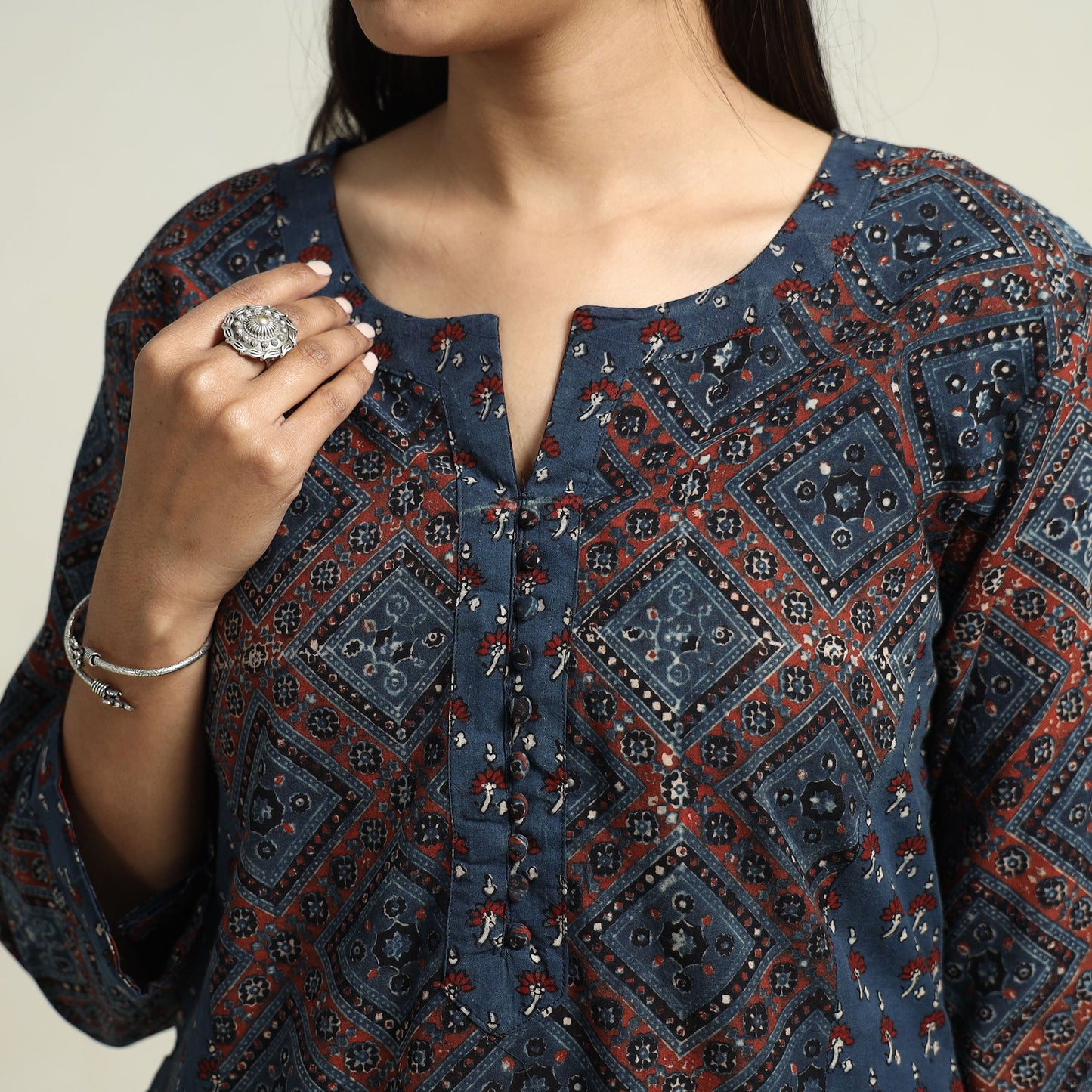 Buy Ajrakh Block Printed Cotton Straight Kurta with Patch Online at iTokri.com