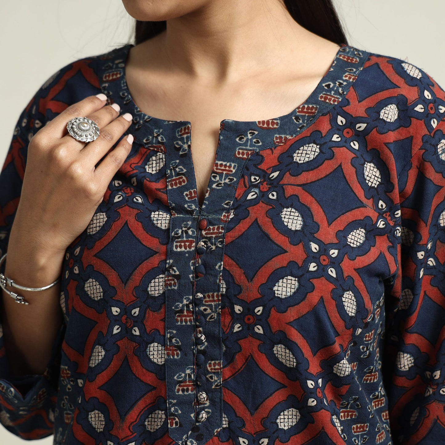 Buy Ajrakh Block Printed Cotton Straight Kurta with Patch Online at iTokri.com