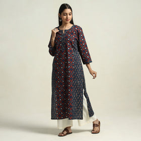 Buy Ajrakh Block Printed Cotton Straight Kurta with Patch Online at iTokri.com