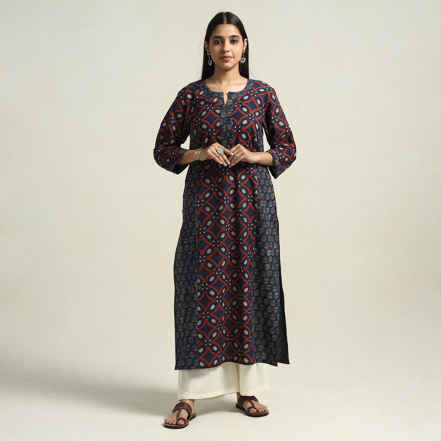 Buy Ajrakh Block Printed Cotton Straight Kurta with Patch Online at iTokri.com