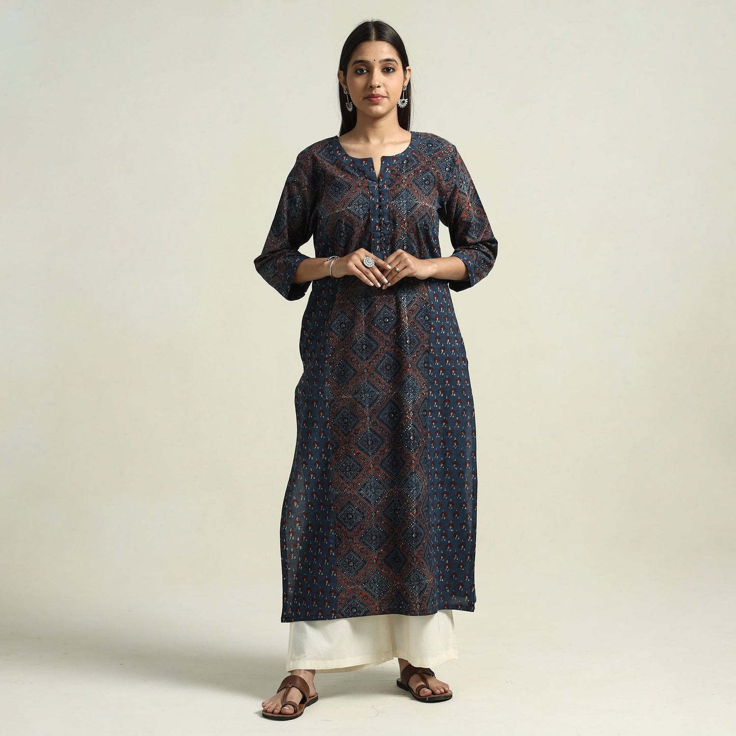 Buy Ajrakh Block Printed Cotton Straight Kurta with Patch Online at iTokri.com