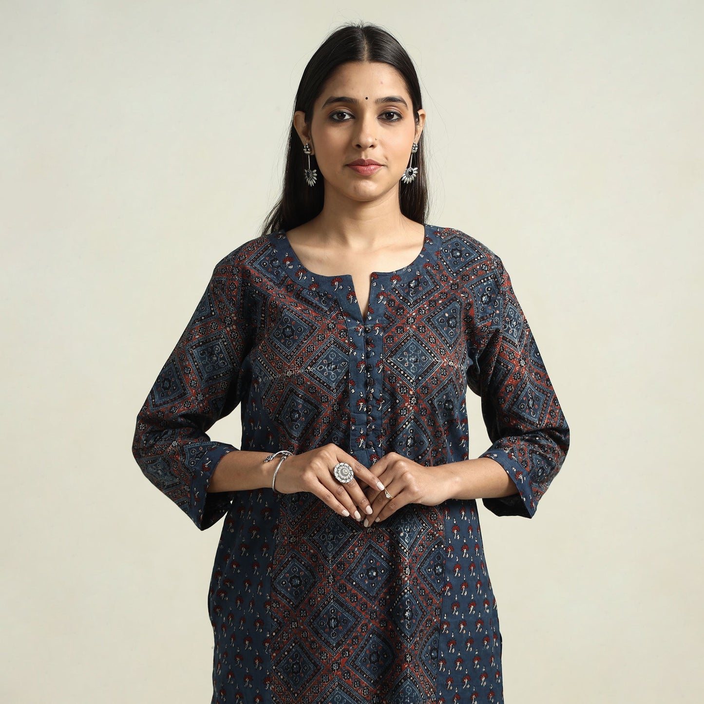 Buy Ajrakh Block Printed Cotton Straight Kurta with Patch Online at iTokri.com