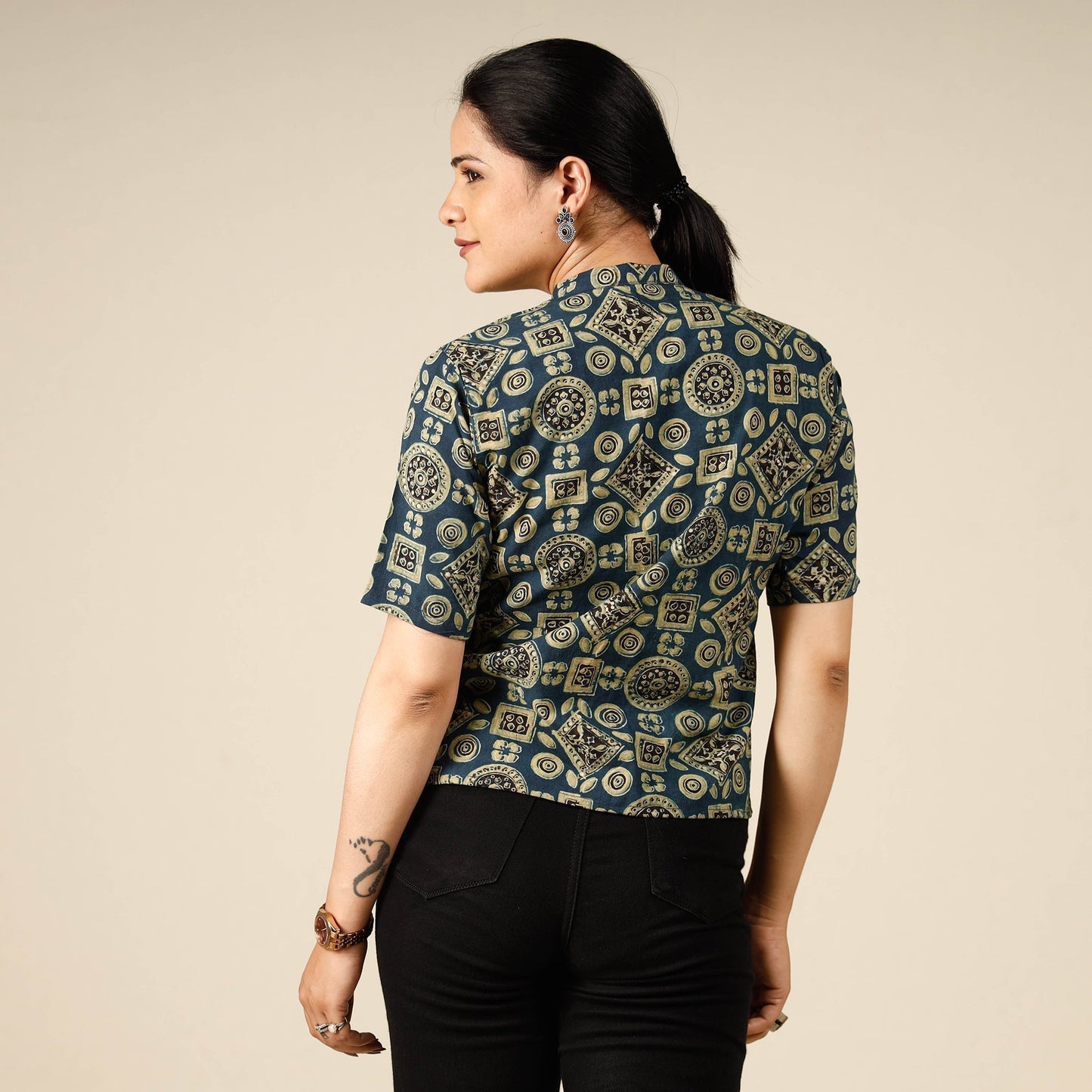 Printed half sleeve cotton crop top - handcrafted