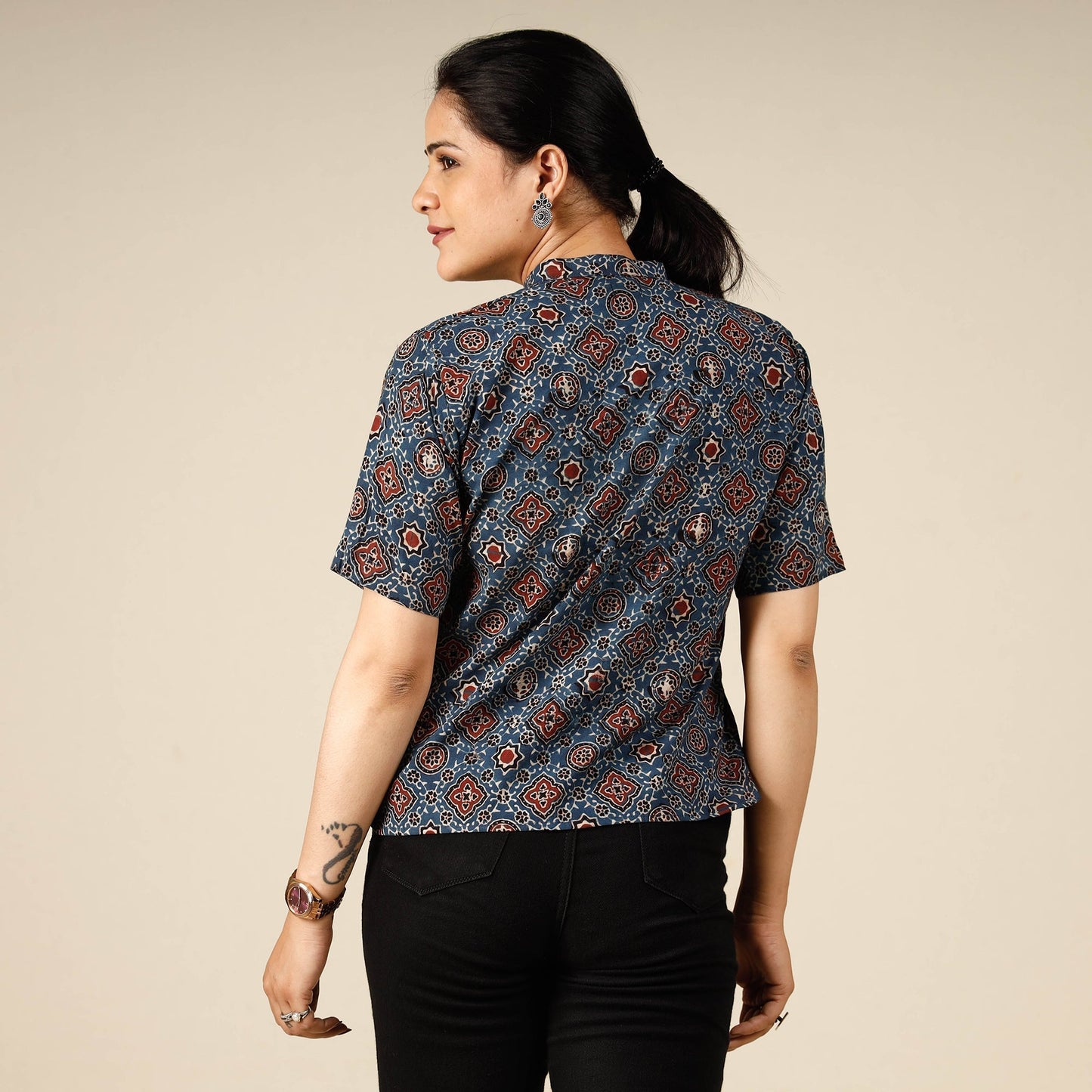 Printed half sleeve cotton crop top - handcrafted
