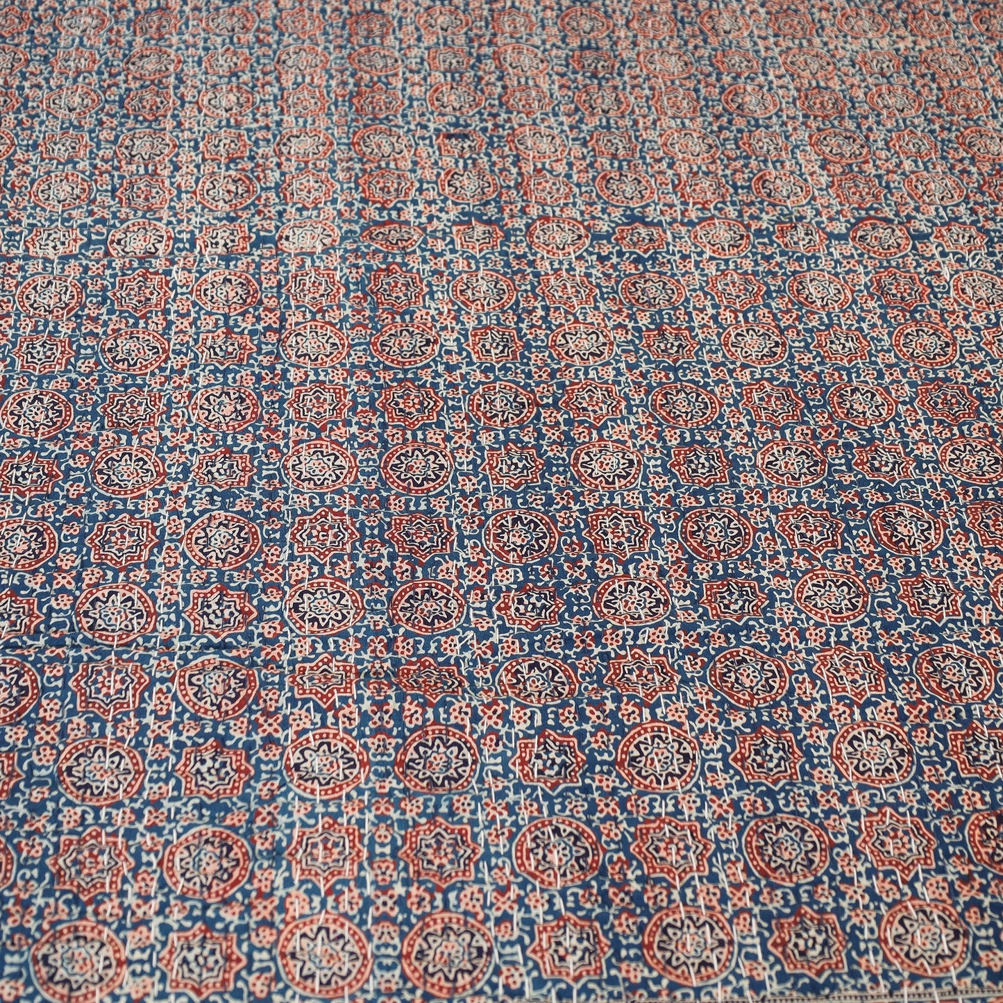 Ajrakh Block Printed Kantha Work Cotton Double Bed Cover Online at iTokri.com