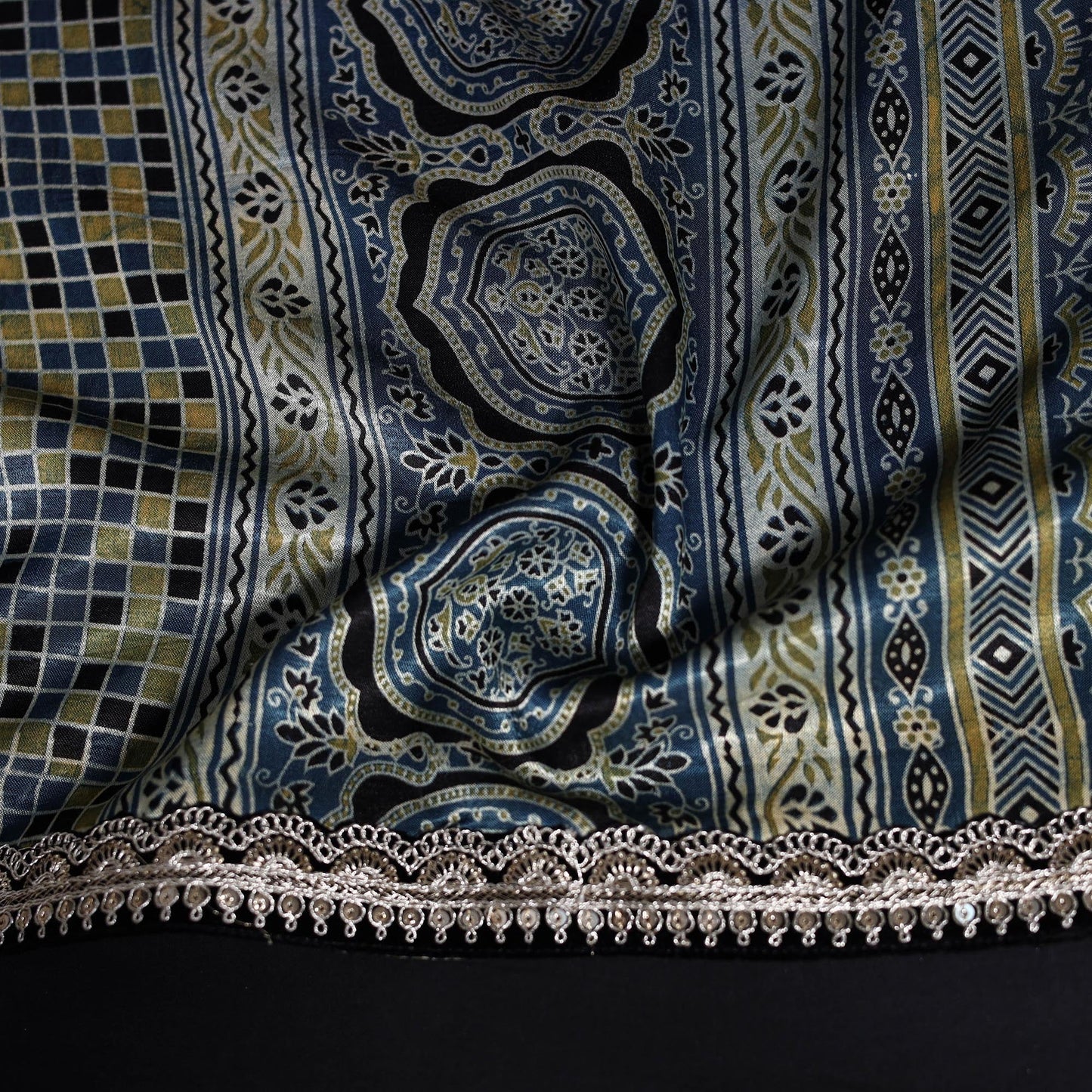 Printed modal silk blouse piece with lace work 25