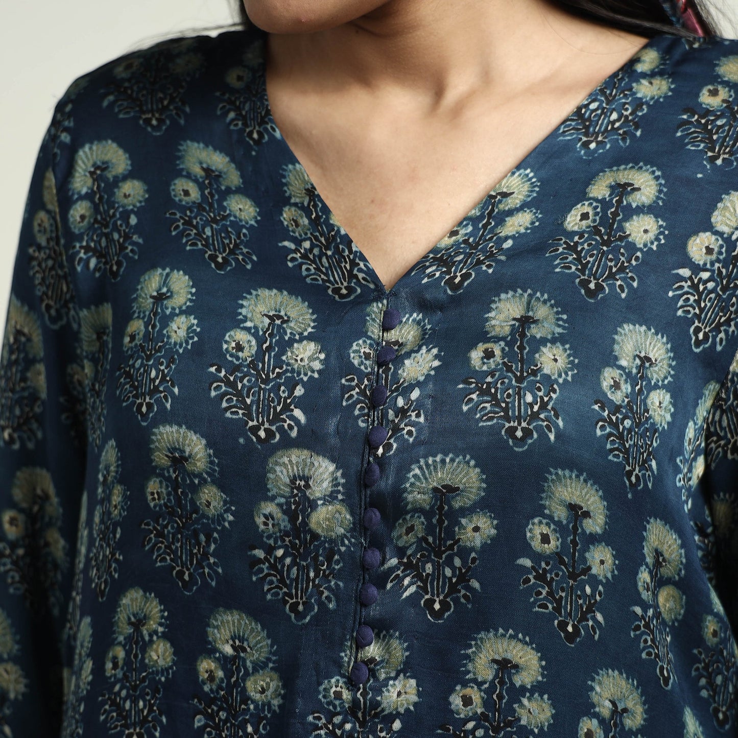 Blue - ajrakh block printed modal silk kurta with palazzo