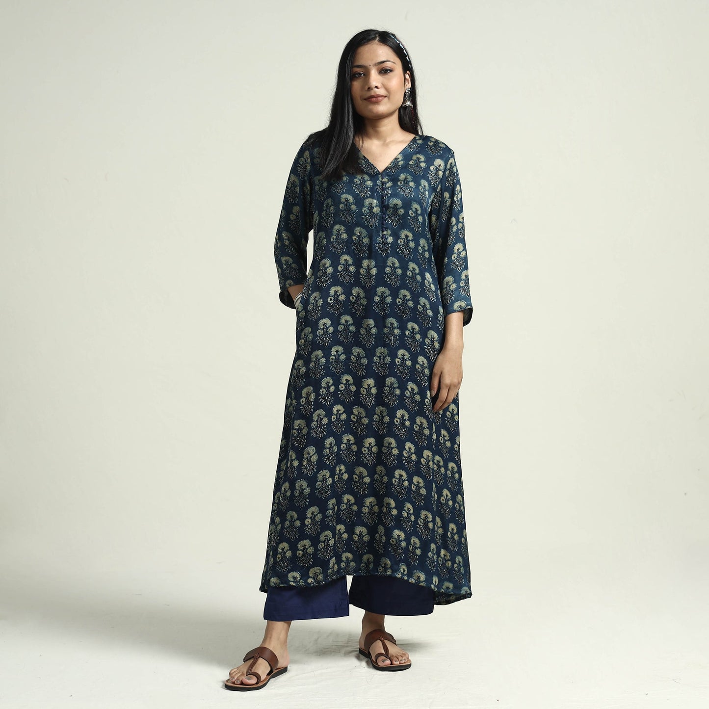 Blue - ajrakh block printed modal silk kurta with palazzo