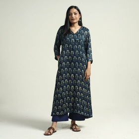 Blue - ajrakh block printed modal silk kurta with palazzo
