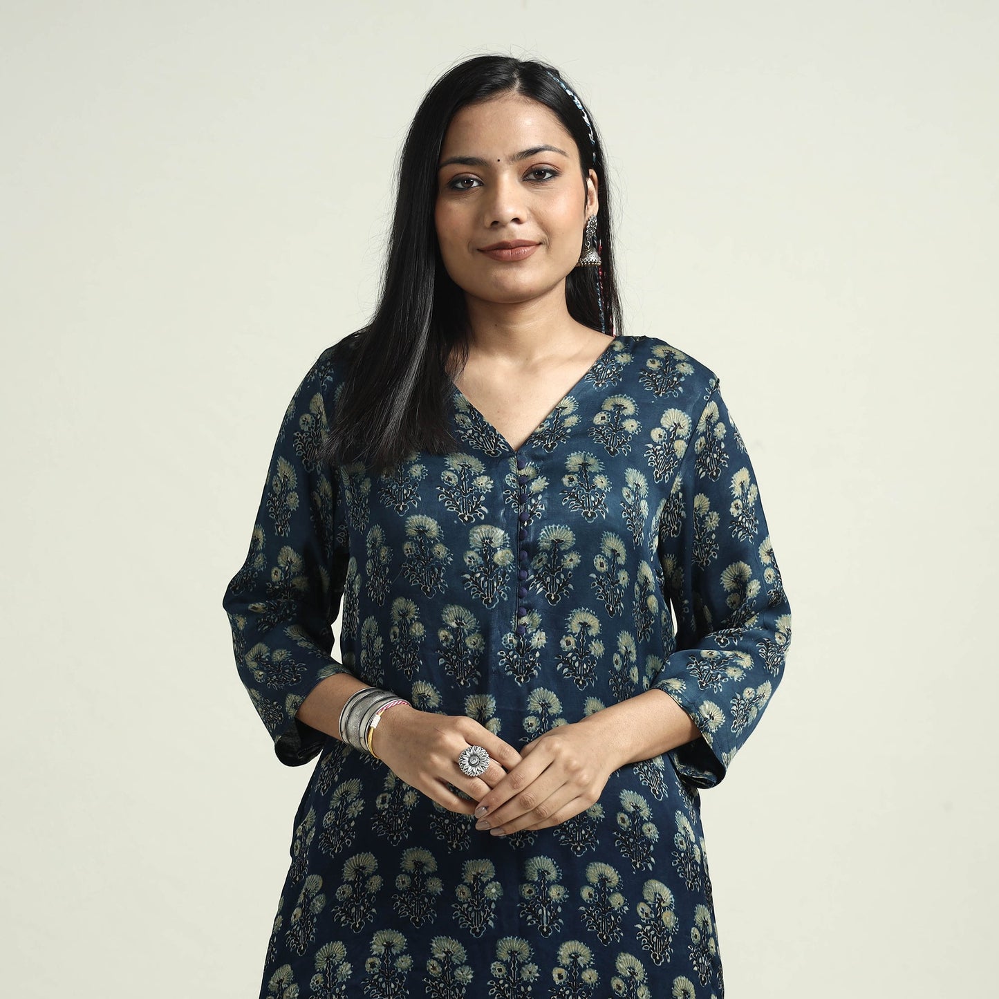 Blue - ajrakh block printed modal silk kurta with palazzo