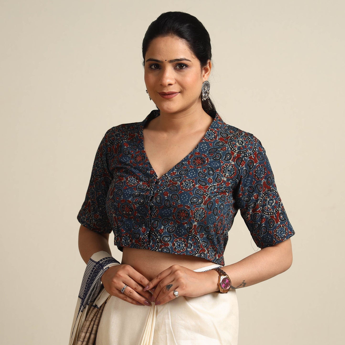 Printed cotton stitched blouse - handcrafted