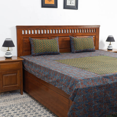  Ajrakh Patch Tukdi Kaam Cotton Double Bed Cover with Pillow Covers 
