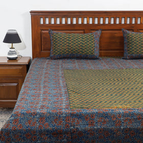  Ajrakh Patch Tukdi Kaam Cotton Double Bed Cover with Pillow Covers 