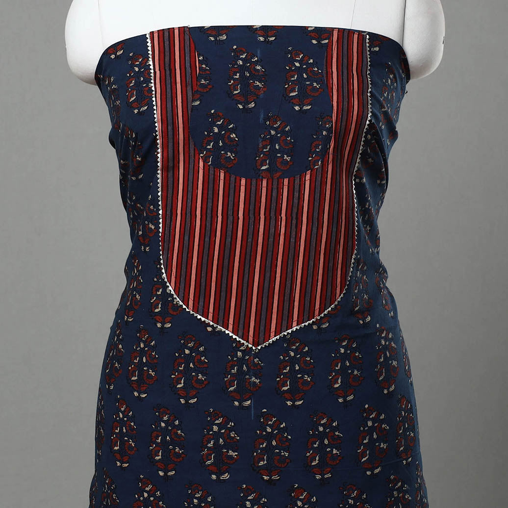 Blue - Ajrakh Print Cotton Patchwork Kurta Material (3m) 04