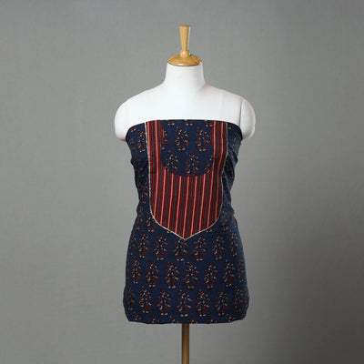 Blue - Ajrakh Print Cotton Patchwork Kurta Material (3m) 04