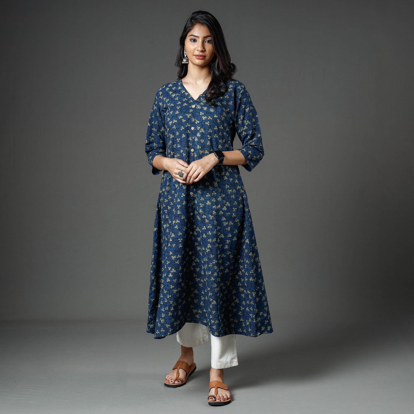  Akola Block Printed Cotton A-Line Long Kurta 