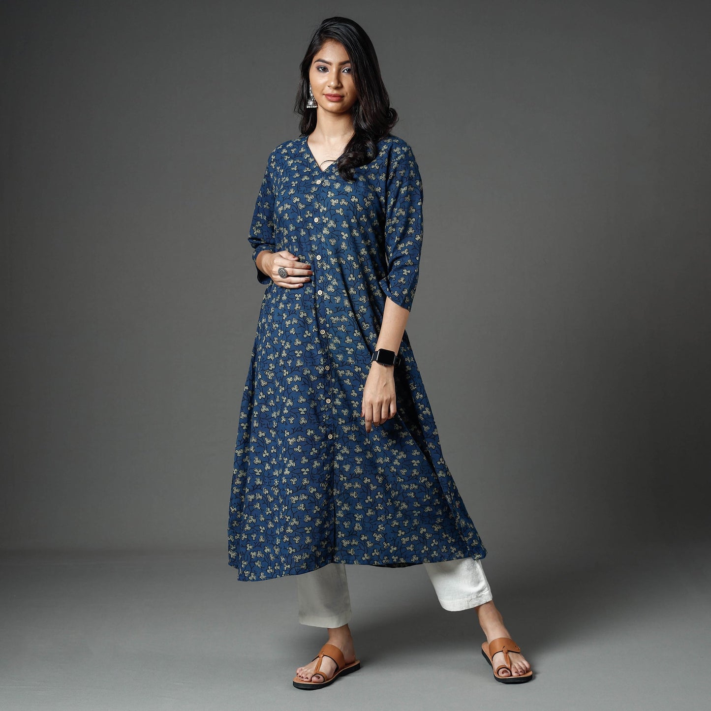  Akola Block Printed Cotton A-Line Long Kurta 