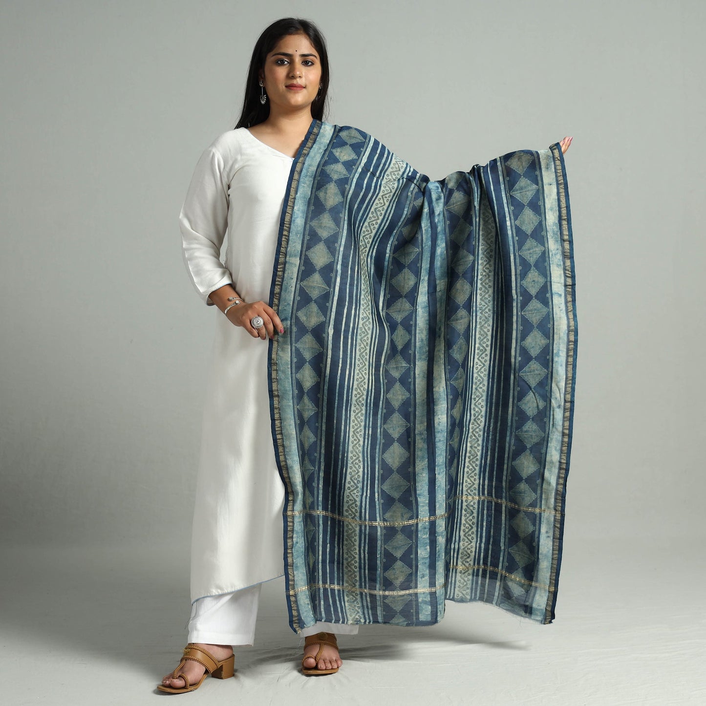Buy  Akola Dabu Block Printed Handloom Chanderi Silk Dupatta with Zari Border 06 Online l iTokri.com