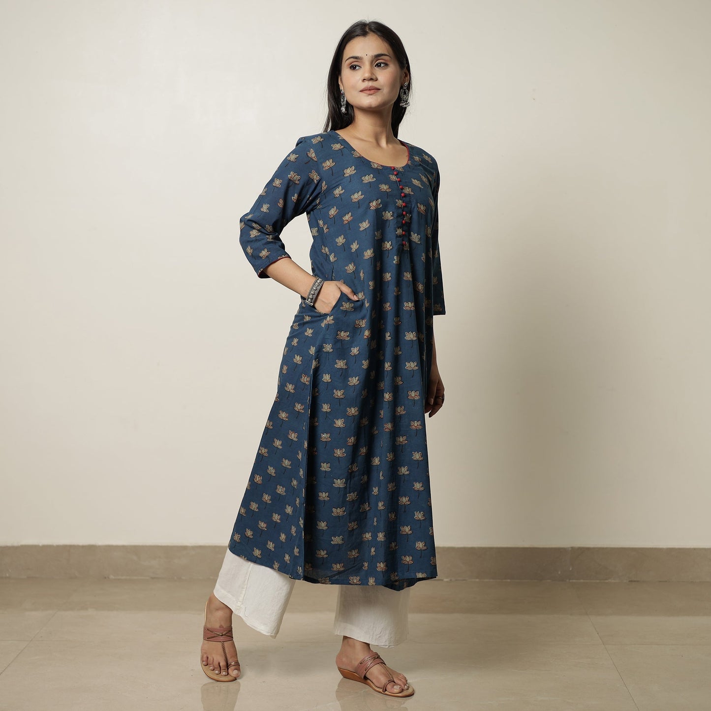 Blue - Akola Hand Block Printed Cotton A-Line Kurta 25