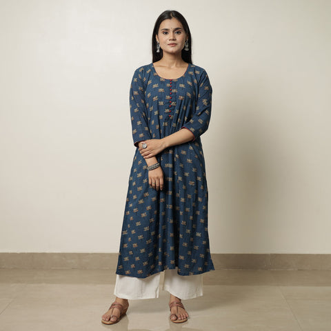 Blue - Akola Hand Block Printed Cotton A-Line Kurta 25