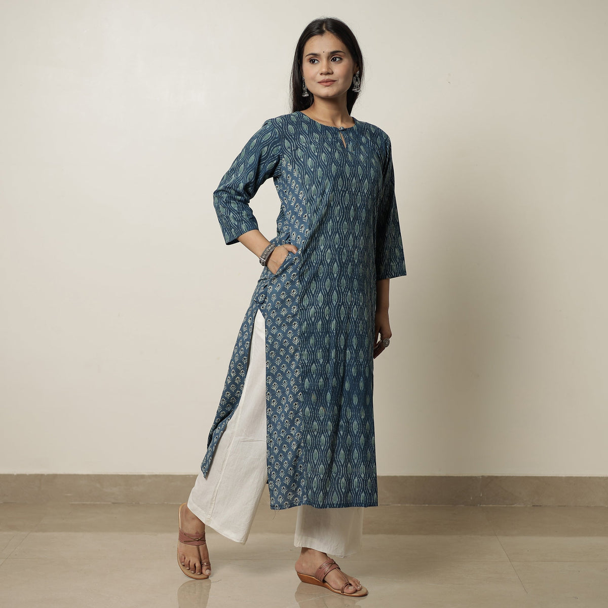 Blue - Akola Hand Block Printed Cotton Straight Kurta 29