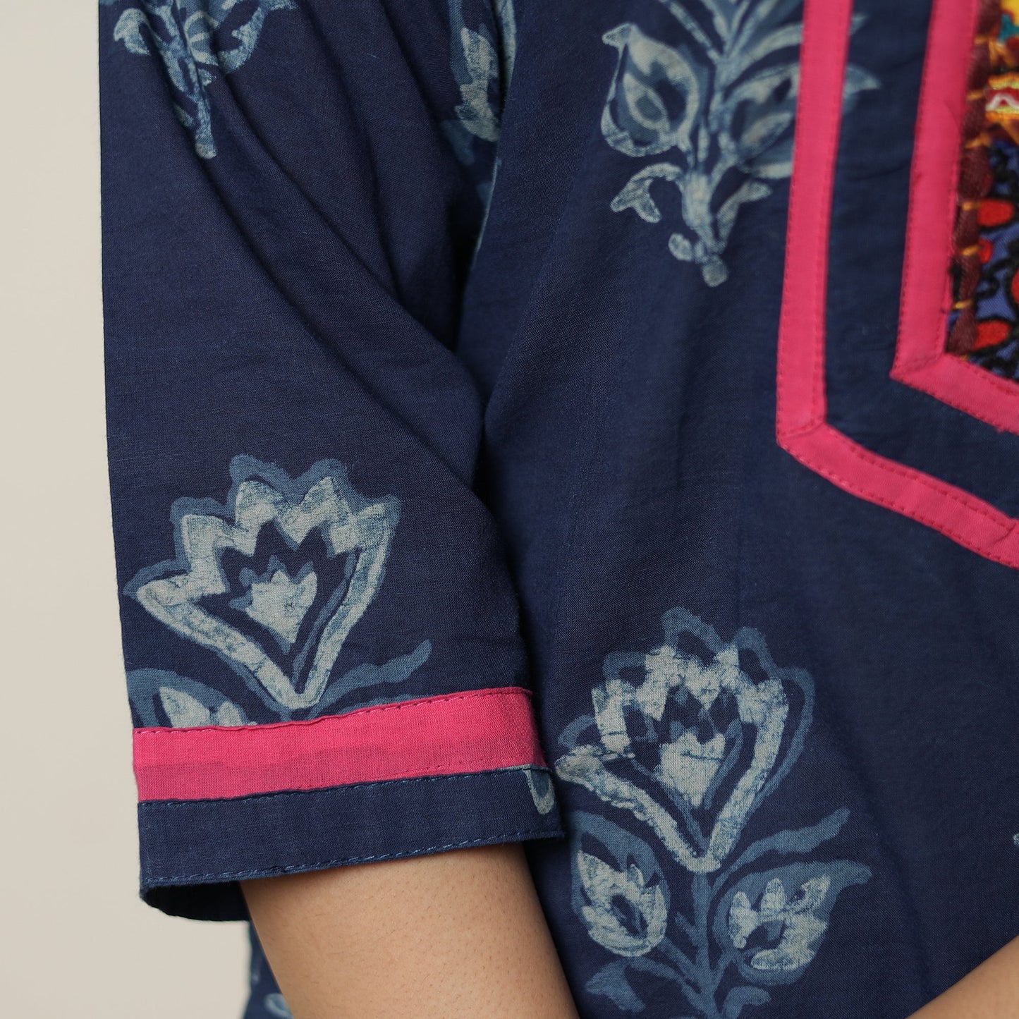 Buy Akola Hand Block Printed Cotton Straight Kurta with Kutch Embroidery Patchwork 27 Online at iTokri.com