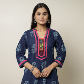 Buy Akola Hand Block Printed Cotton Straight Kurta with Kutch Embroidery Patchwork 27 Online at iTokri.com