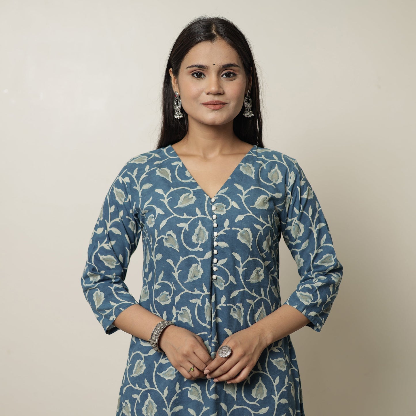  Blue - Akola Hand Block Printed Cotton A-Line Kurta 07 Online 