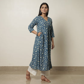  Blue - Akola Hand Block Printed Cotton A-Line Kurta 07 Online 
