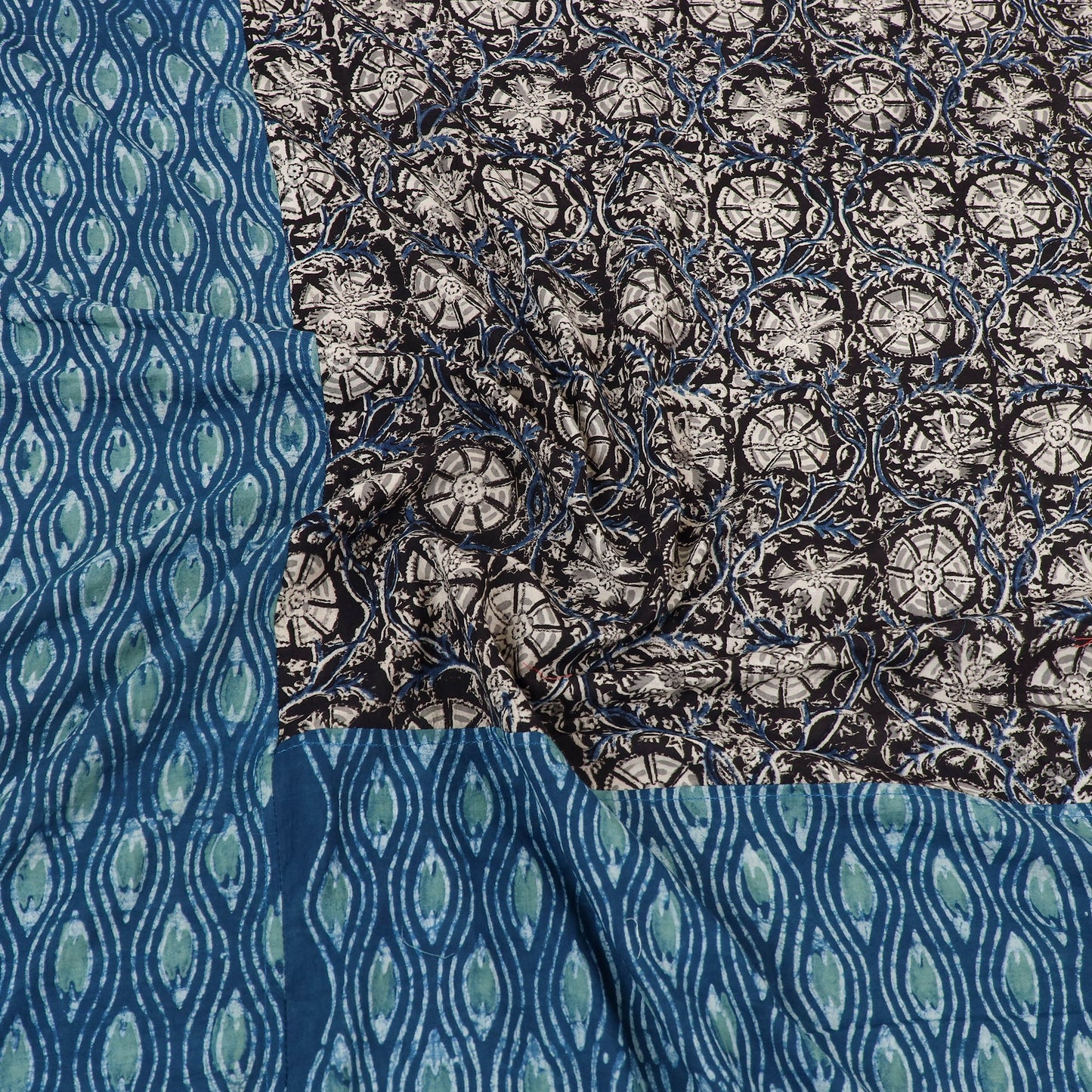 Blue Akola Print with Kalamkari Patch Cotton Bedsheet Set