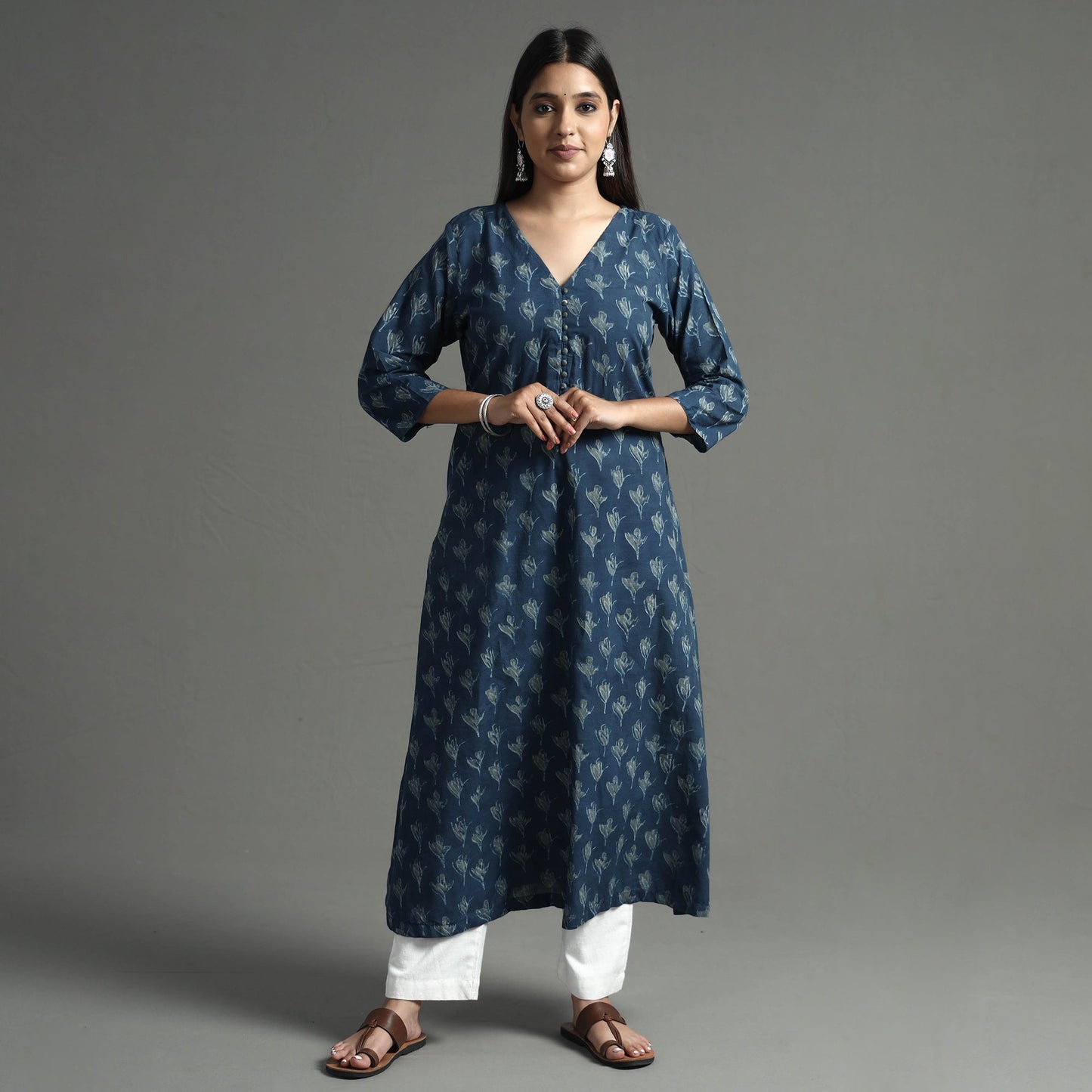  Akola Block Printed Cotton A-Line Long Kurta 