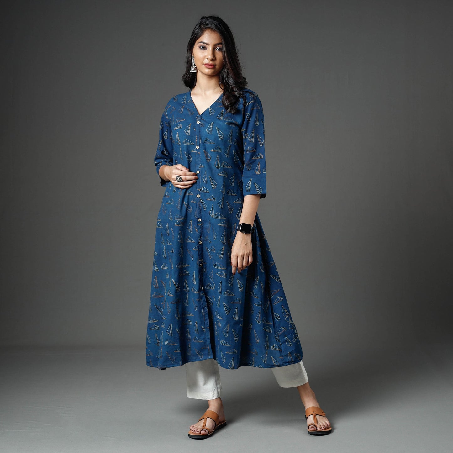 Buy Akola Block Printed Cotton A-Line Long Kurta Online l iTokri.com