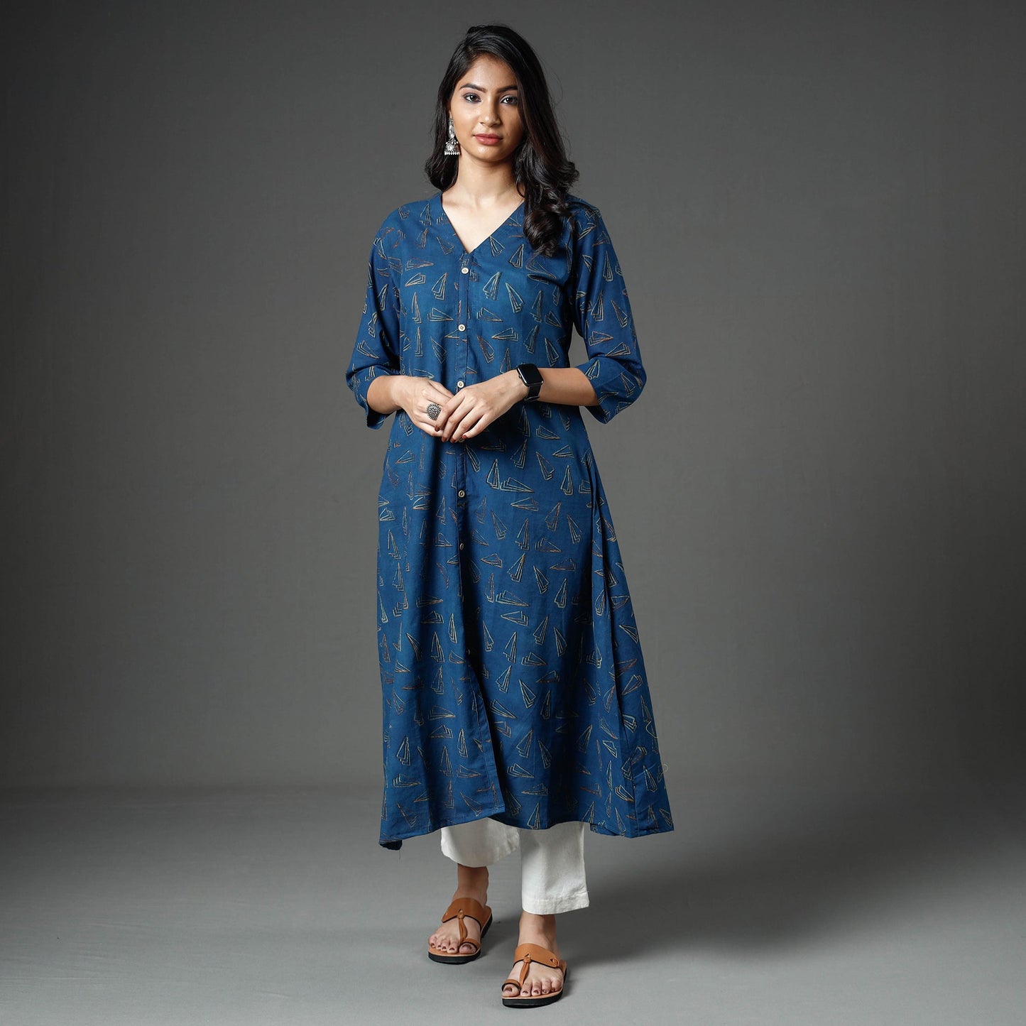 Buy Akola Block Printed Cotton A-Line Long Kurta Online l iTokri.com