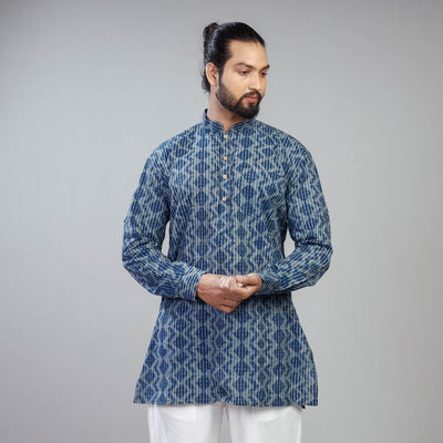Buy Blue Akola Block Print Cotton Men Short Kurta