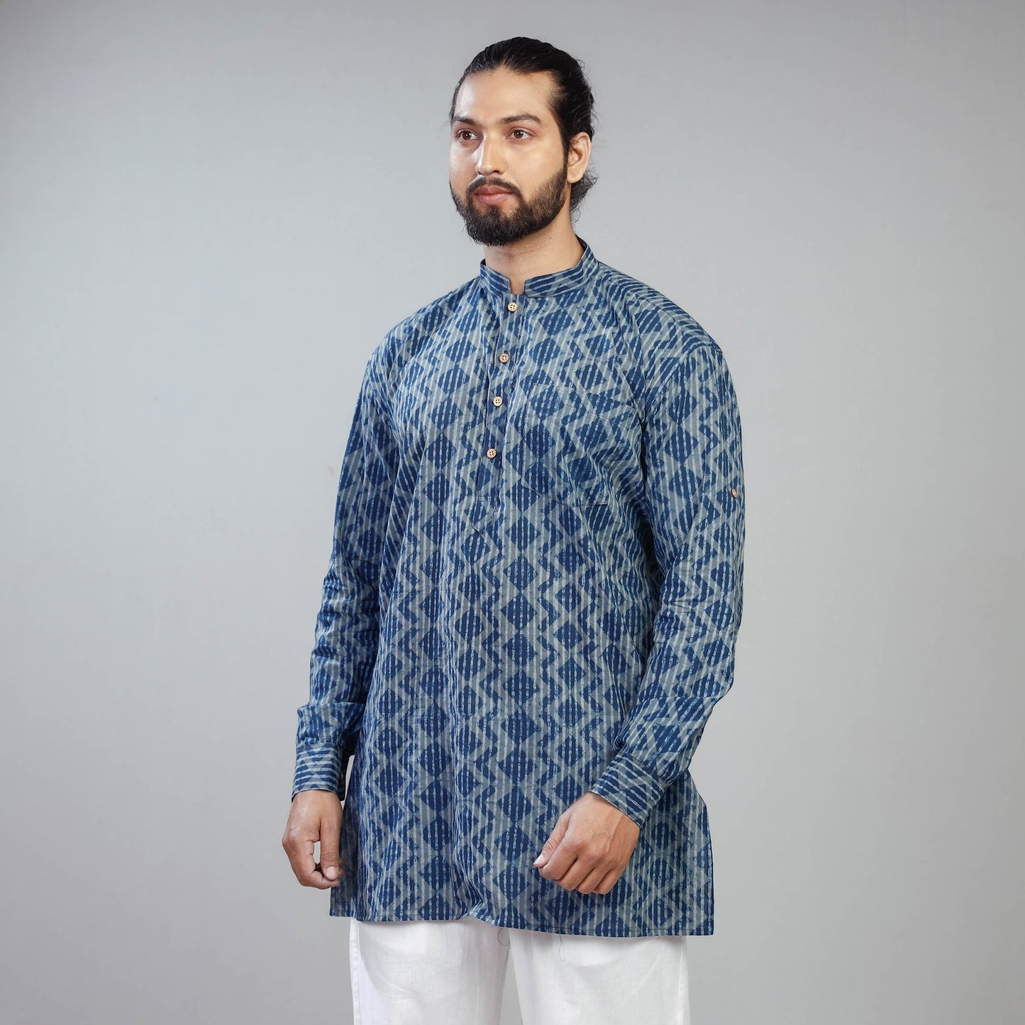 Buy Blue Akola Block Print Cotton Men Short Kurta