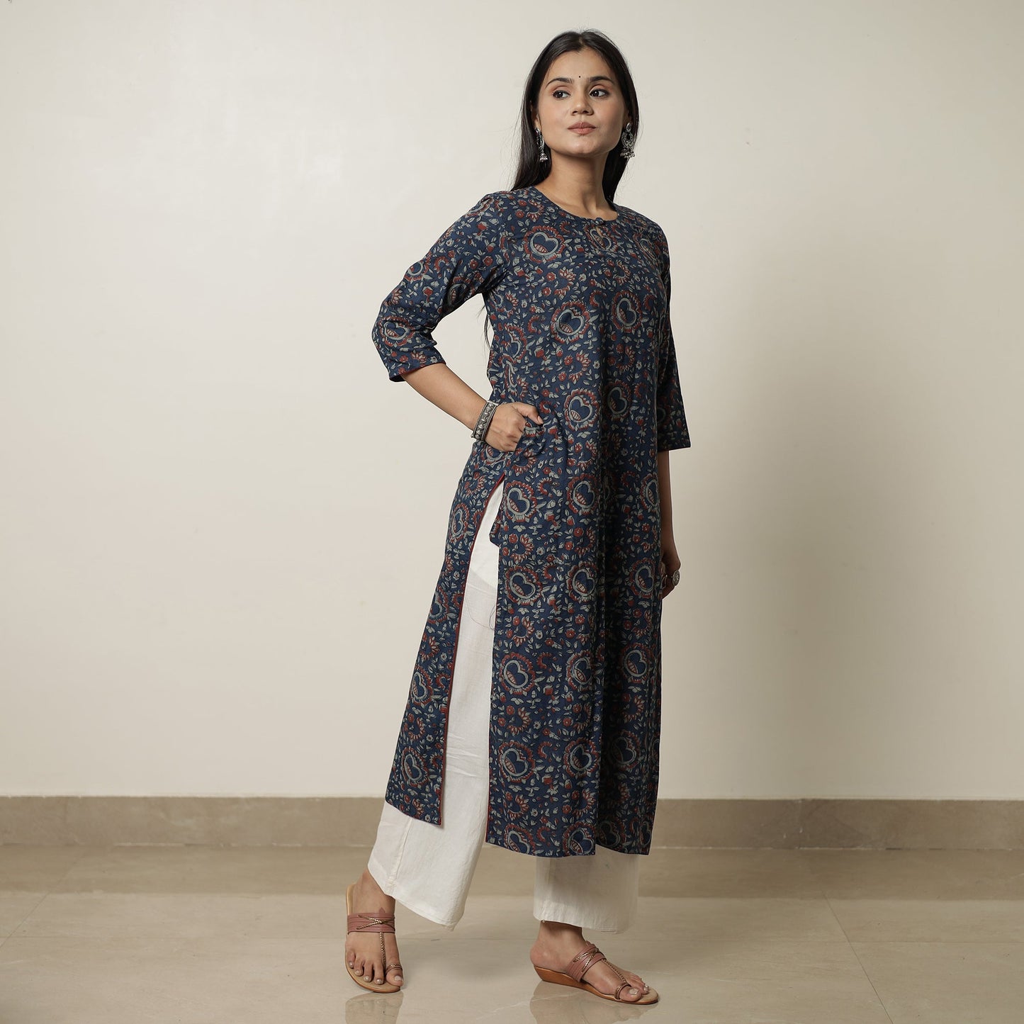  Akola Block Printed Cotton Straight Long Kurta 